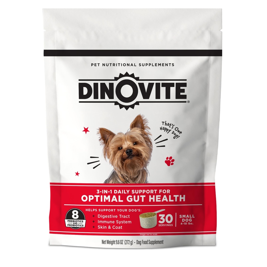 Dinovite 3 en 1 Probiótico para perros pequeños, piel " Cuna, salud digestiva " , Toppers de alimentos para perros, soporte para inmunes, alivio de alergia " Cuidado de la piel de incubación, 30 servicios (1-18 libras)