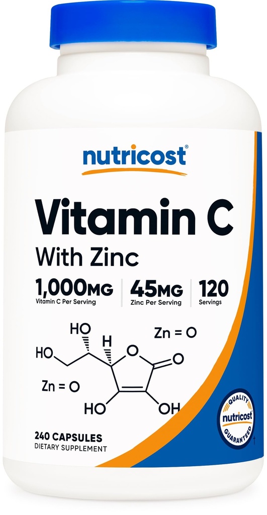 Nutricost Vitamina C con cápsulas de zinc, 120 Serviciones - 1000mg, 45mg Zinc, No GMO, Gluten suplemento de vitamina C gratis
