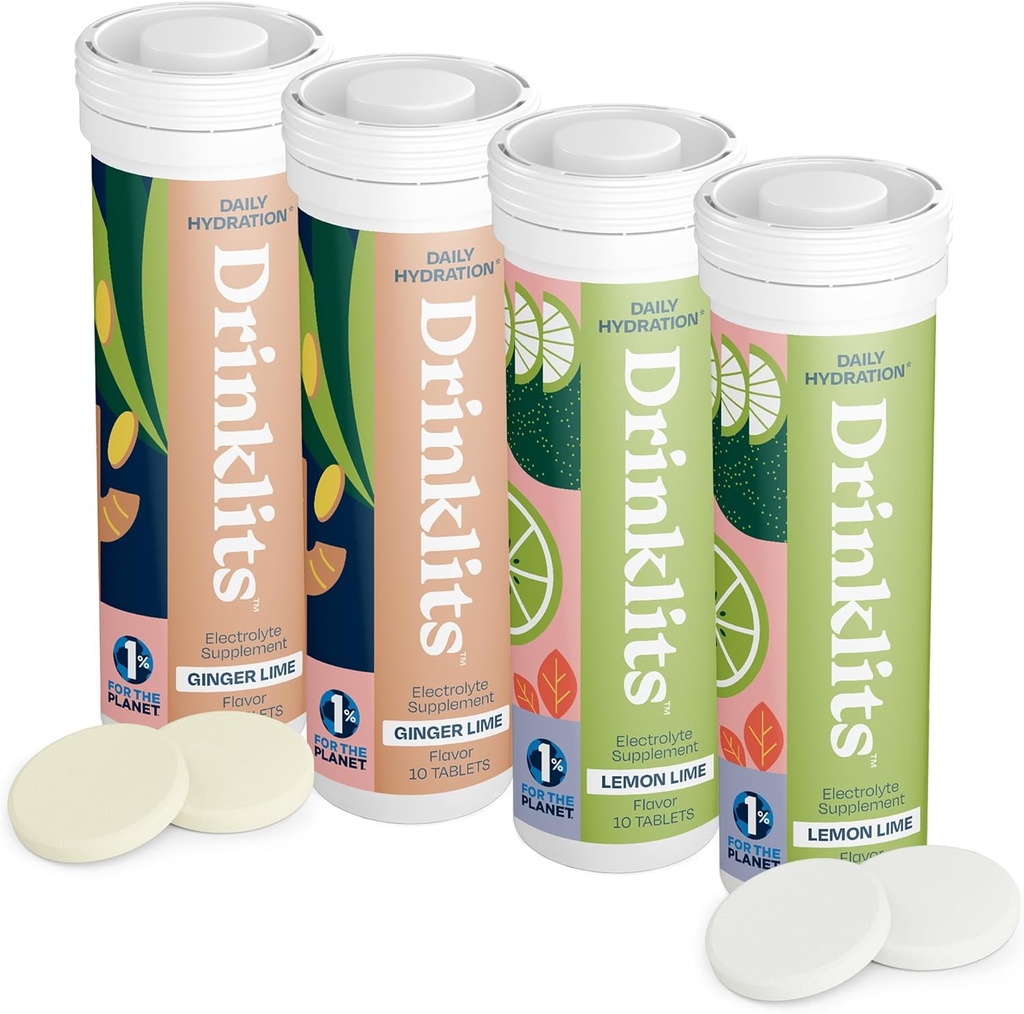Bebidas Ginger-Lime & Lemon-Lime Electrolyte Tablets (4) Tube Bundle ← Hidración diaria Combo Pack ← Gran sabor – 0g Azúcar – Bebida deportiva natural Ø 40 Servings - 10 Tablets Por Tube