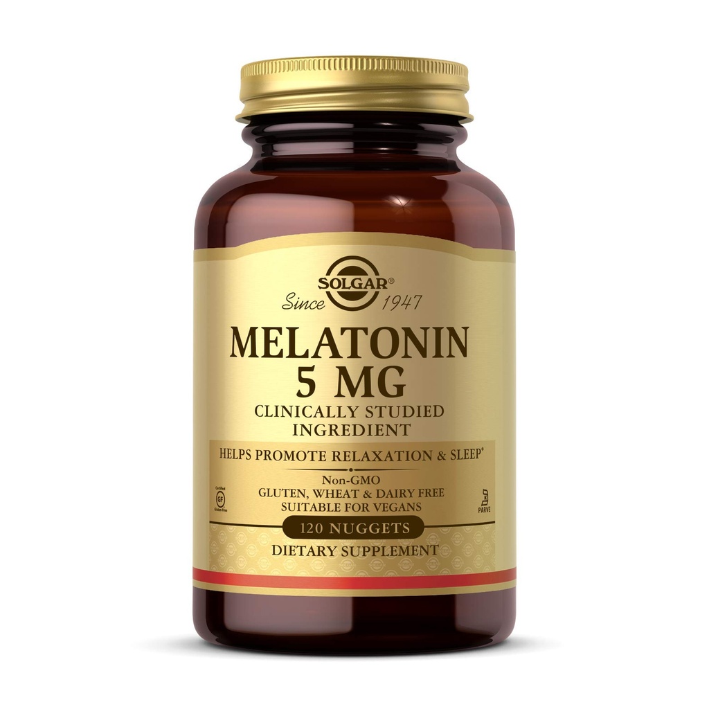 Solgar Melatonin 5 mg, 120 Nuggets - Ayuda a promover la relajación " descanso - Melatonina clínicamente estudiada - Vegan, Gluten Gratis, Dairy Free, Kosher - 120 Servings