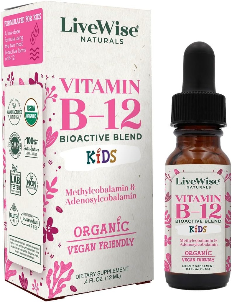 LiveWise Naturals Vitamina B12 Liquid Drops for Kids ← Toddlers and Children I Methylcobalamin and Adenosylcobalamin ← USDA Organic I Vegan ← Non-GMO ← Gluten Free tención Low Dose
