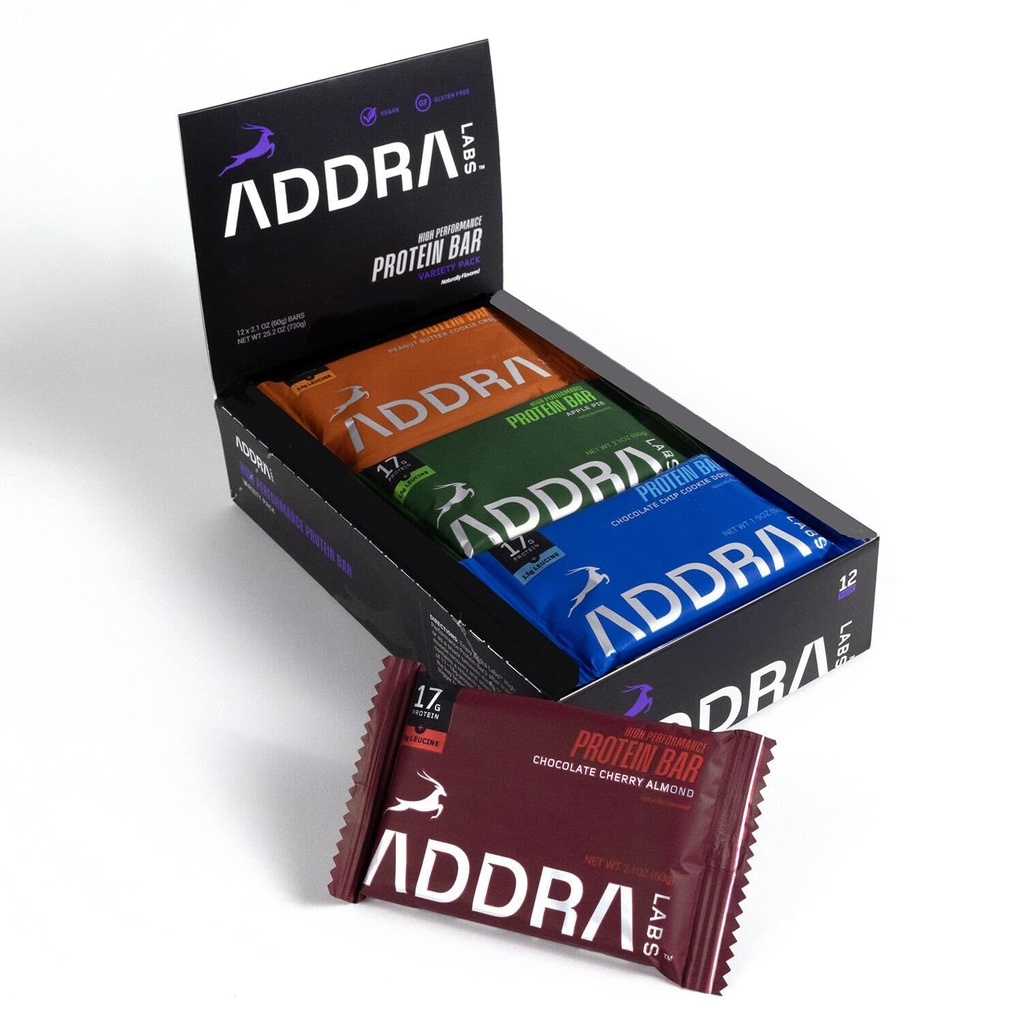ADDRA Protein Bares - Gluten-Free, High-Protein Muscle Recovery Bars for Runners, 17g Protein + 1,5g BCAA Leucine, Low Sugar, Vegan, Plant-Based, " Dairy Flavors, Mixed Case Variety Pack, 12-Pack