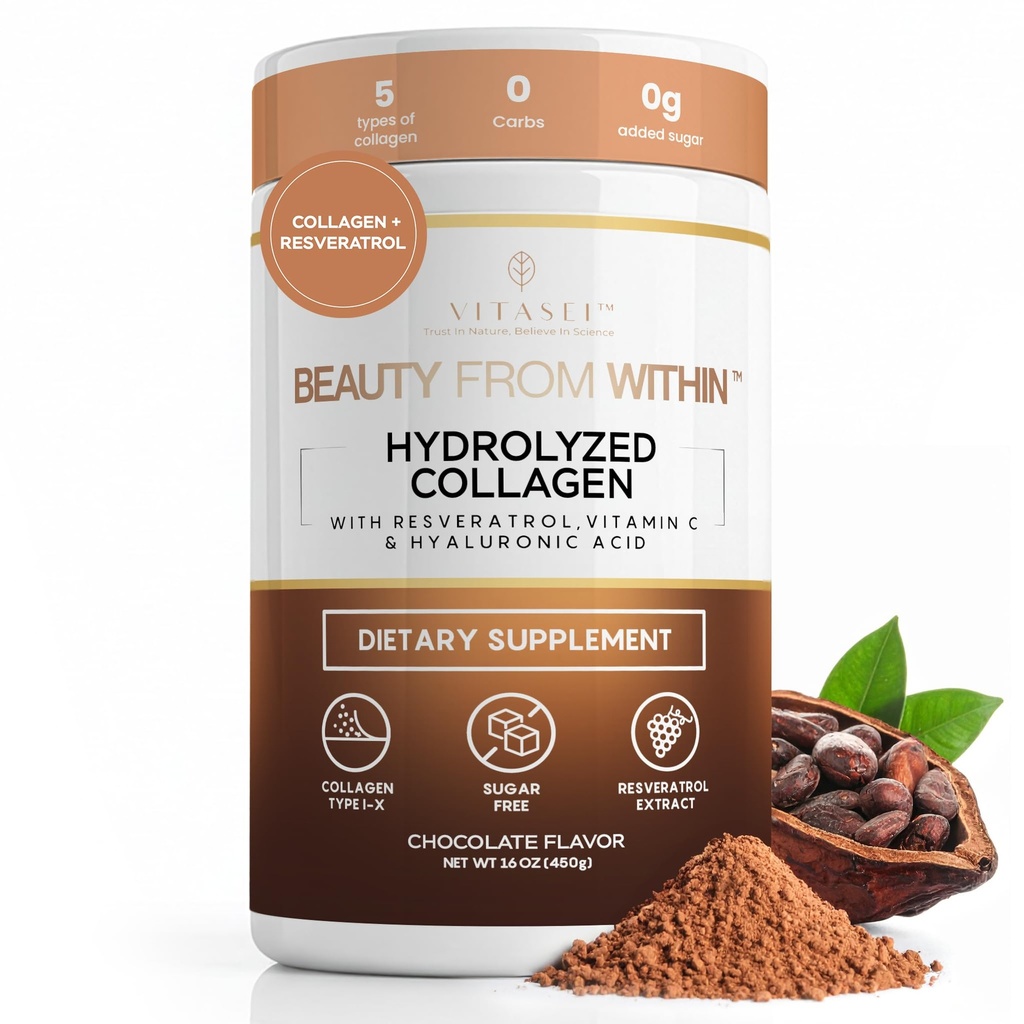 Péptidos de colágeno hidrolizado Polvo con vitamina C & Resveratrol - Pelo, Esquí y uñas Vitaminas para Hombres Mujer - Hueso y Suplemento Conjunto - Chocolate Flavored - 16 oz