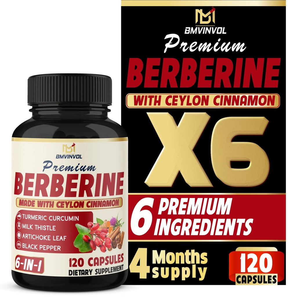 BMVINVOL 6in1 Suplemento bereberina con canela de Ceylán, raíz tumérica, cardo de leche, Artichoke, pimienta negra -120 cápsulas para 4 meses de suministro