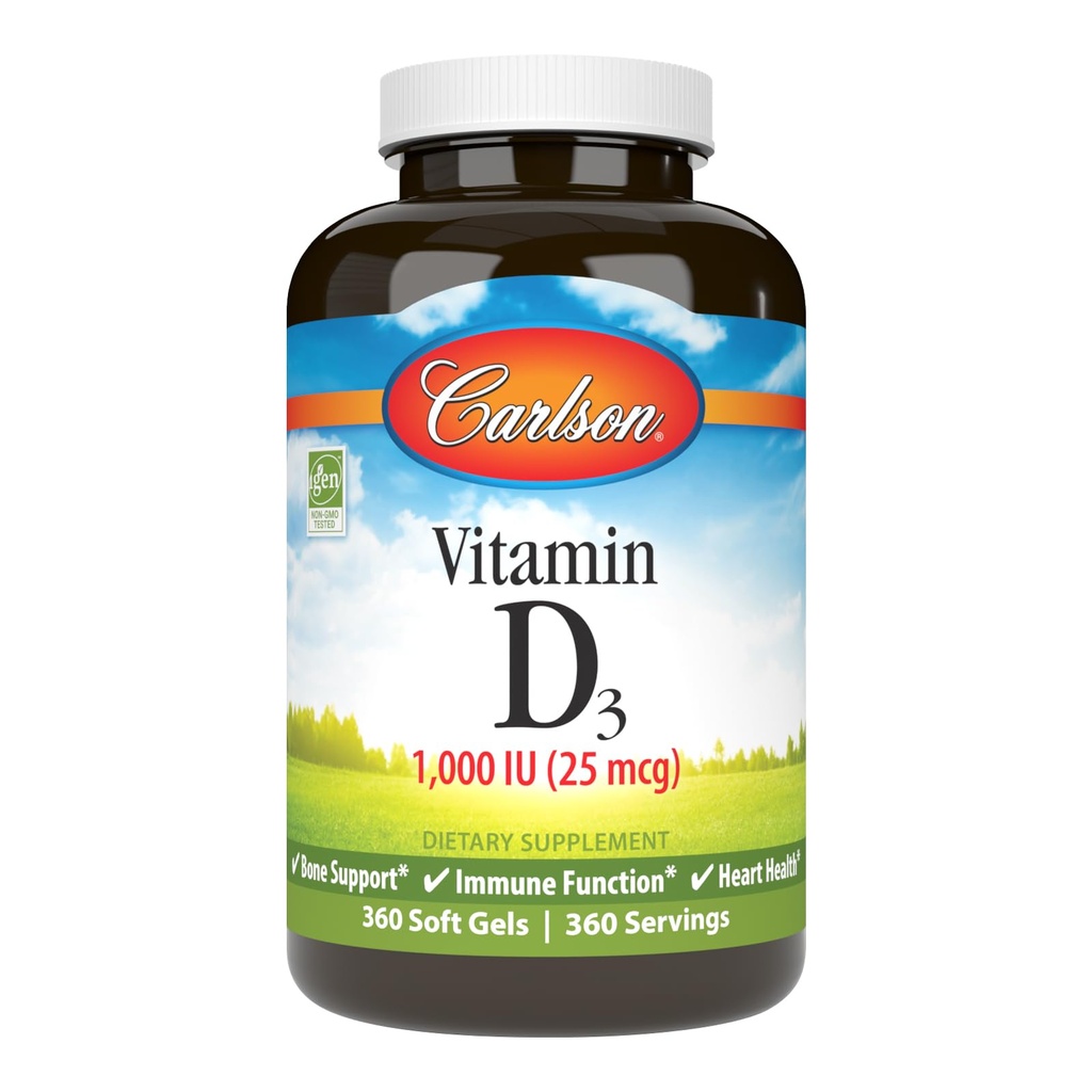 Carlson - Vitamina D3, 1000 UI (25 mcg), Bone Health, Muscle Health, Cholecalciferol, Suplementos de vitamina D, Vitamina D3 Soft Gels, 360 Softgels