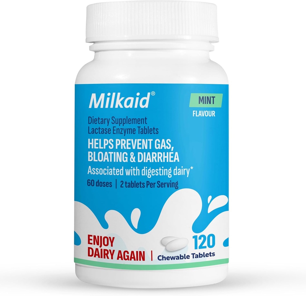 Tablas de Enzima de Enzima Milkaid para Alivio de la Intolerancia de Lactosa ← Previene Gas, Bloating & Diarrhea Suplemento Digestivo Dairy (120 Tablets, Mint)