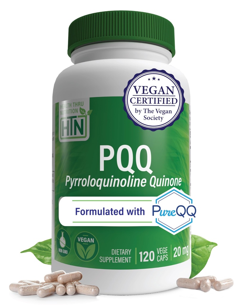 Health Thru Nutrition PQ 20mg 120 Servings Pyrroloquinoline Quinone as PureQQQ ← Mitocondrial Biogenesis ← Certified Vegan ← Non-GMO Gluten Soy Free Capsules Tortura Clean Label PQ Suplemento