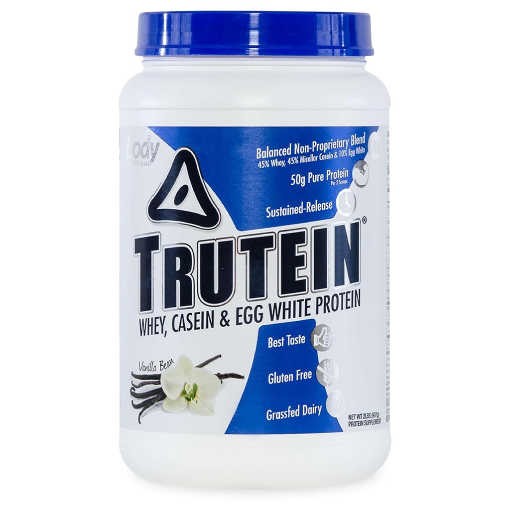 Nutrición corporal Trutein High Protein Powder: 45% Whey, 45% Casein, 10% Egg White Protein Shake Mix, Gluten-Free, Low Sodium, Low Carb Protein Supplement Powder for Men &amp; Women, Vanilla Bean, 2lb