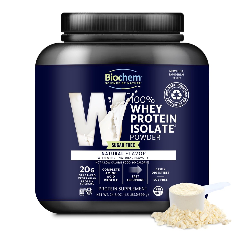 Biochem 100% Whey Isolate Protein Powder - Grass Fed, Low Carb, Keto-Friendly, Non-GMO, Gluten-Free - Supports Immune Health &amp; Muscle Recovery 20g Vegetarian Protein per Serving - Natural Flavor,1.5lb