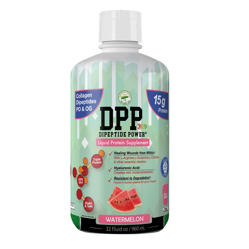 Diseños Nutricionales DPP Dipeptide, Herido-Healing Liquid Collagen & Whey Protein Suplemento, Libre de Azúcar, promueve la piel sana y el pelo para hombres (Watermelon, Bottle, 32 Fl Oz)