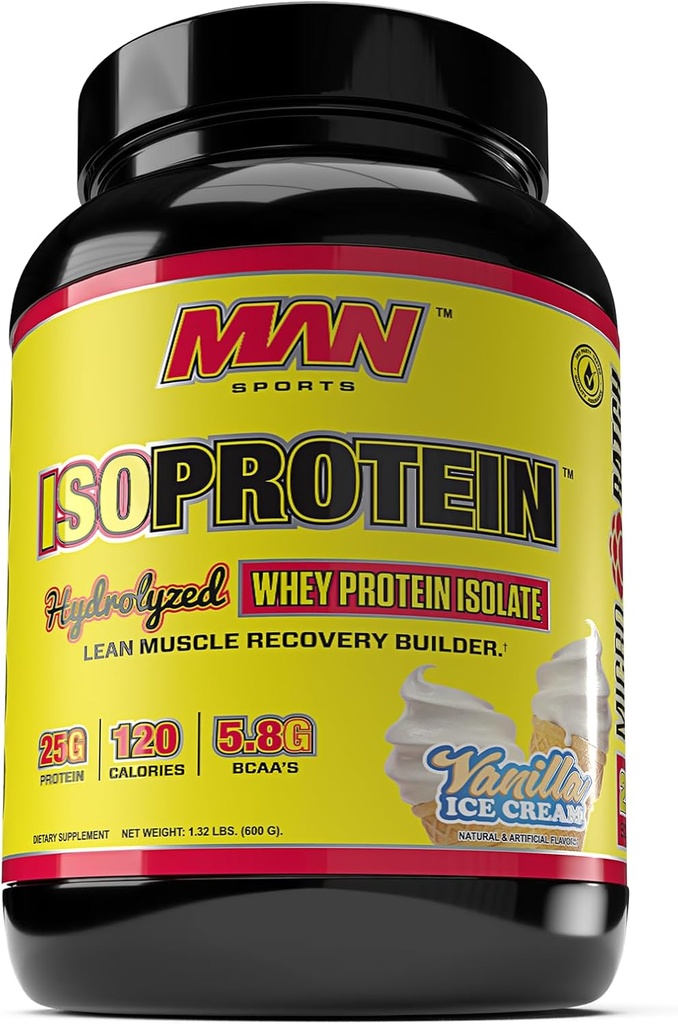 Man Sports ISO-Protein Hidrolyzed 100% Pure Whey Protein Isolate Powder, Vanilla Ice Cream, 1,32 libras (20 días de suministro)