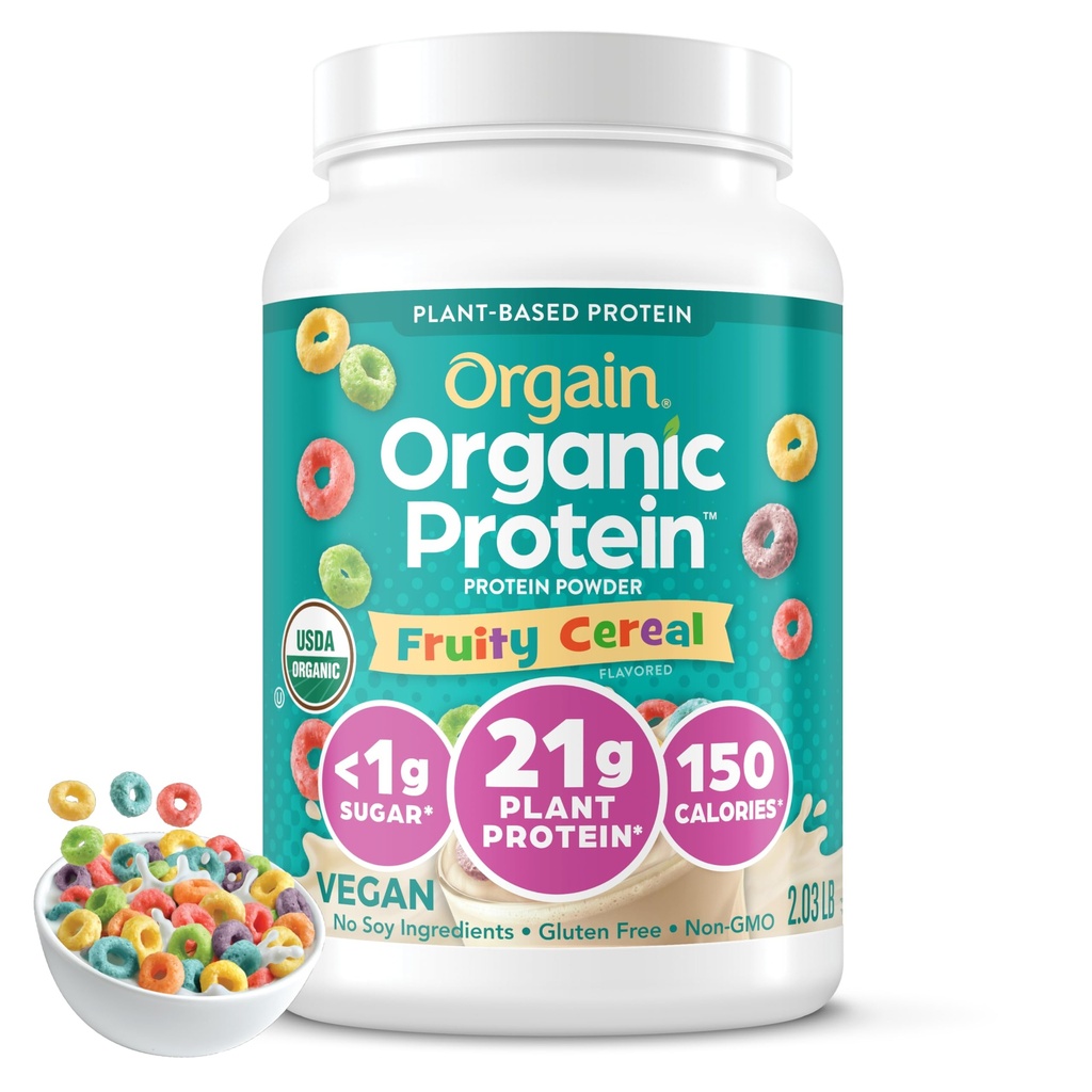 Orgain Orgain Pólvora de proteínas orgánicas, Cereales afrutados - 21g Proteína con base vegetal, fibra prebiótica de 8g, carbohidratos bajos, sin ingredientes de lactosa, sin azúcar añadido, no fumador, para sacudidas " , 2,03 lb