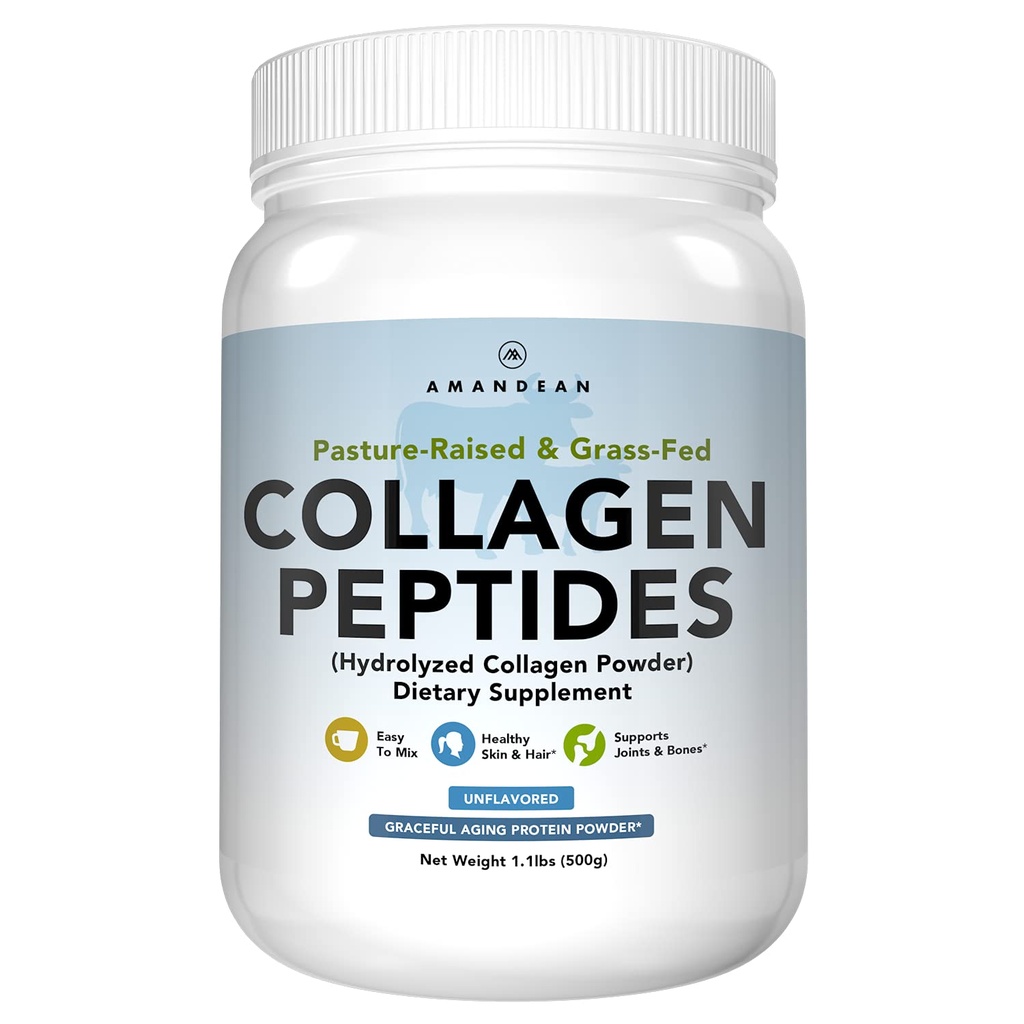 AMANDEAN Collagen Peptides Powder (17.6oz). Grass-Fed Hydrolyzed Protein Supplement. Promueve juntas saludables, piel, cabello, uñas. Desarrollado " Fácil de mezclar.
