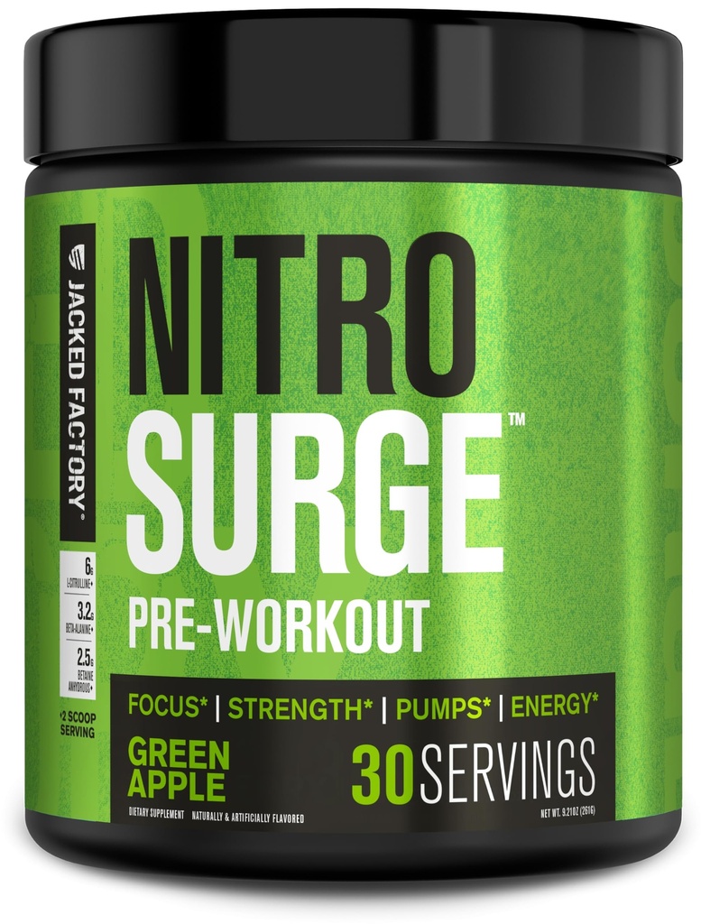 Fábrica de Jacked NITROSURGE Pre Workout Suplemento - Endless Energy, Instant Strength Gains, Clear Focus, Bombas Intensas - NO Booster &amp; Powerful Preworkout Energy Powder - 30 Servings, Green Apple