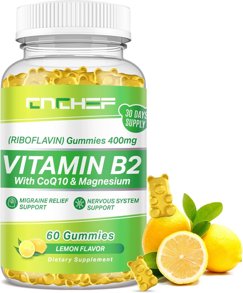 Vitamina B2 Gummies para Adultos &amp; Niños - Riboflavin 400mg Suplemento con Magnesium Glycinate & CoQ10, Apoyo Migraine Relief & Nervous System, Boost Energy, Sugar Free Vegan B2 Gummies Lemon Flavor