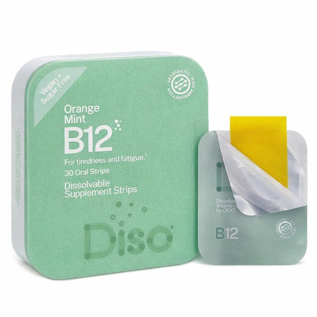DISO - Vitamin B12 - Fast-Dissolving Oral Strips, for Tiredness and Fatigue, Orange Mint Flavor, Vegan, Sugar Free, Maximum Absorption, Gluten Free, Individually Wrapped, 30 Dissolvable Strips
