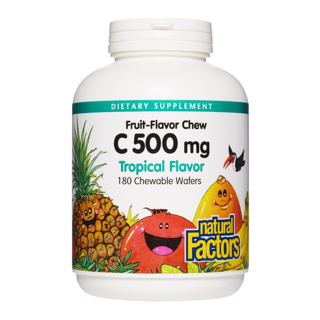 Factores Naturales, Niños Vitamina C 500 mg Chewable, Soporta Salud Inmune, Huesos, Dientes y Gums, Tropical, 180 Cuenta (Pack of 1)