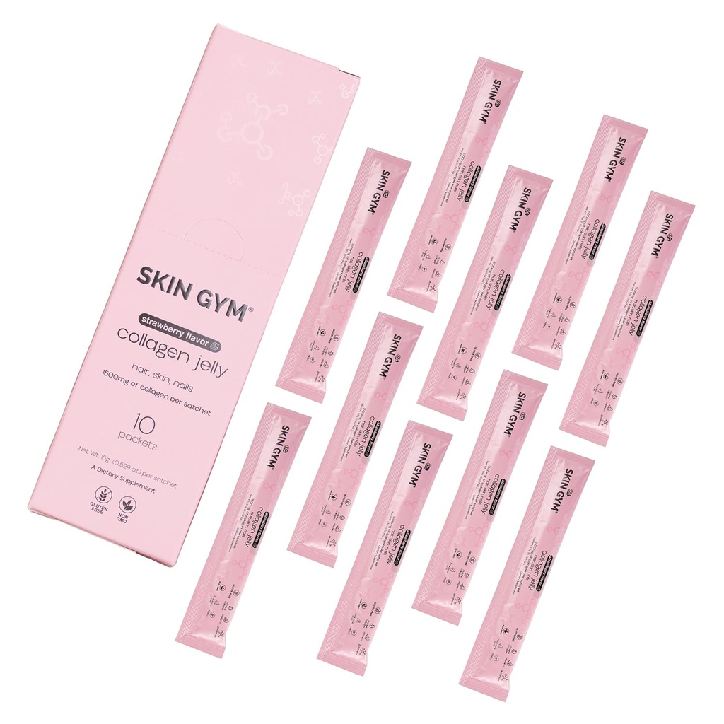 Piel Gym Collagen Jelly 10-Pack, Collagen Marino, Vitamina C & Ácido Hialurónico, Suplemento de Belleza diaria para el cabello, piel &amp; uñas, sabor a fresa, 10 Pack