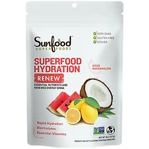 Sunfood Superfood Hydration Renew- Coconut Water Powder, Electrolytes Polvo con limón, sal marina " Minerales, Clean Organic Electrolyte Drink Mix - 8 oz Bag