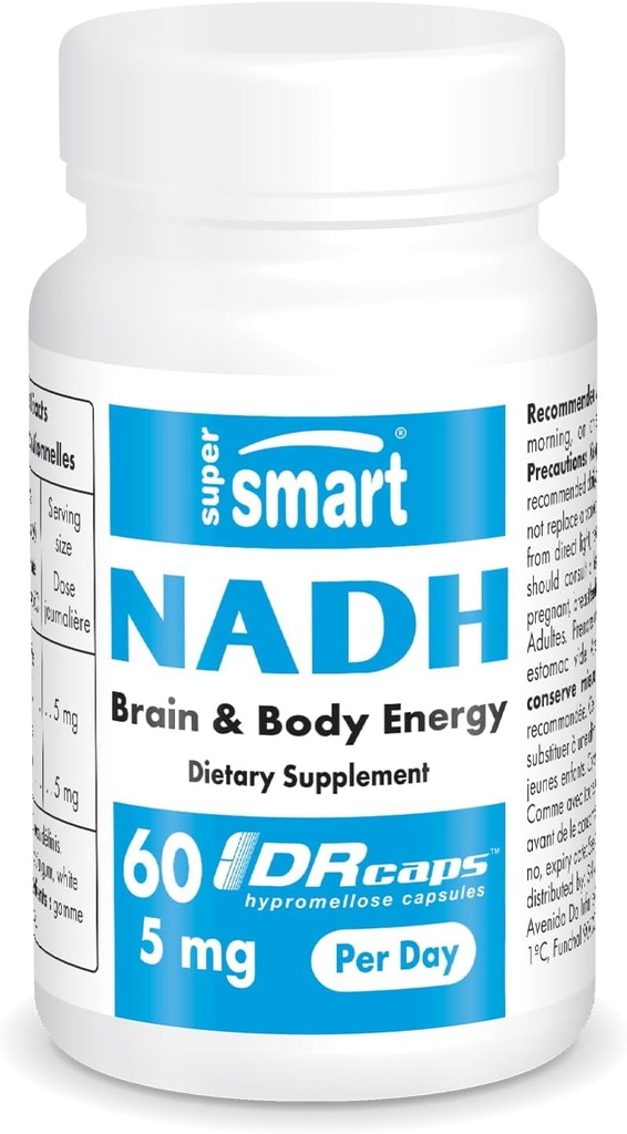 Supersmart - NADH 5mg por día (Reduced Nicotinamide Adenine Dinucleotide) - Suplemento de la NADH - Píldoras de energía Silenciosos No GMO & Gluten Gratis - 60 cápsulas de liberación retrasadas