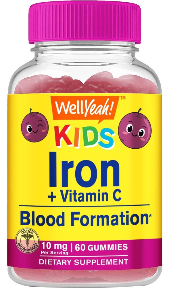 WellSi Iron Gummies for Kids with Vitamin C - Anemia Support, Red Blood Cell Formation, Energy, and Immunity Support Gummy, Iron Supplements for Kids - GMO Free, Natural Grape Flavor - 60 Count