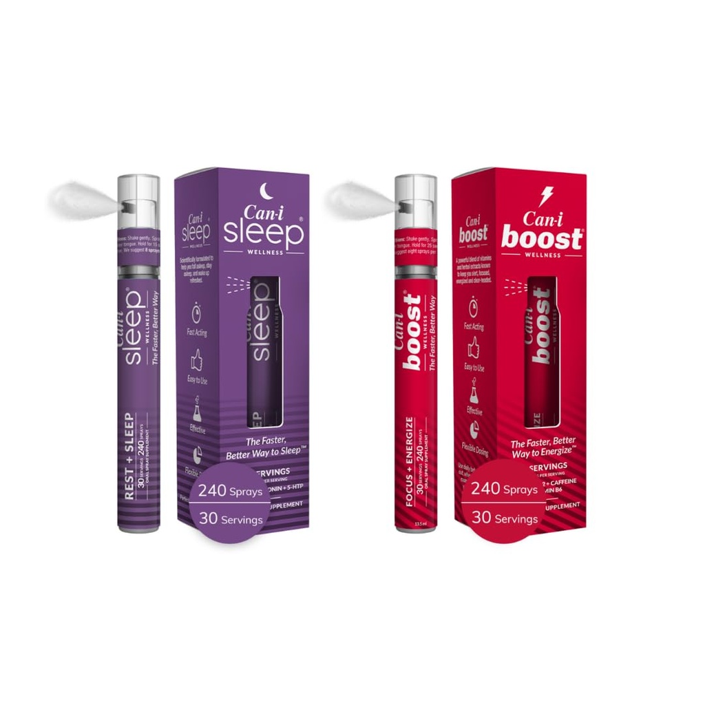 Can-i Wellness Fast-Acting Oral Spray Bundle - Suplemento natural del sueño con Melatonina y GABA, Daily Energy Support con B12, Ubiquinol y Caffeine – Fórmula Vegan, Portable, Travel-Friendly Spray