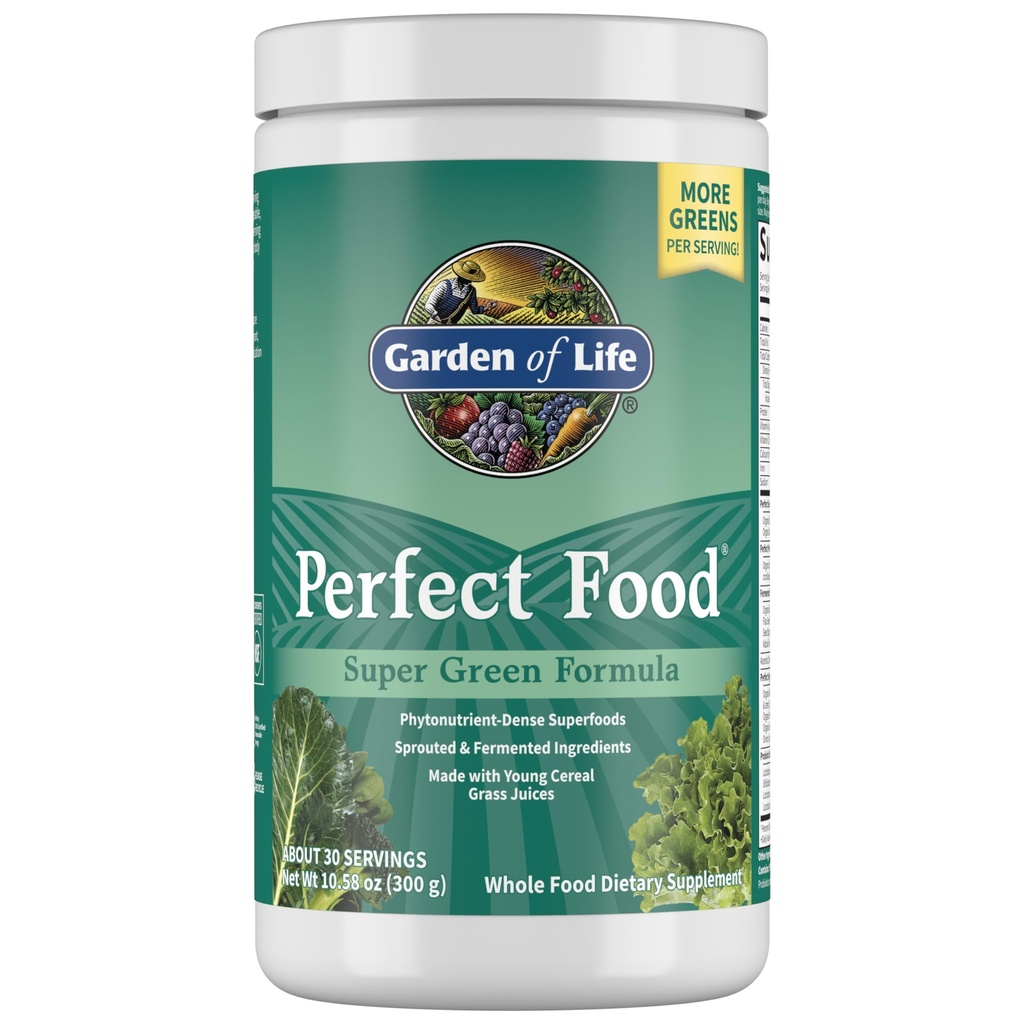 Garden of Life Perfect Food Super Green Fórmula - 30 Serviciones, 45 Superfoods, Verdes, Frutas y Veggie Juice Superfood Powder Suplemento, Probióticos, Espirulina orgánica para la digestión y la salud inmunitaria
