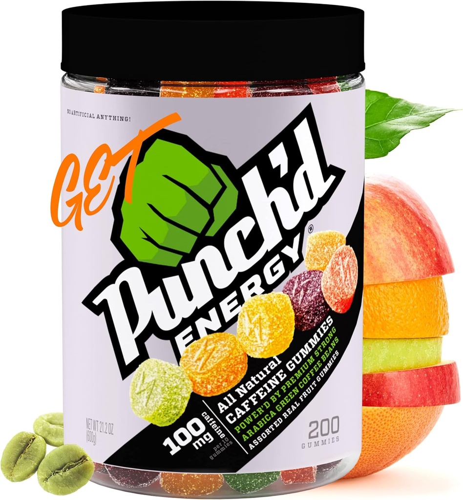 Punch'd Energy Natural Caffeine Gummies (200 Contable Value Jar) 100 mg de cafeína por 10 Gummies, Clean Label, Ultra Low Glycemic, Low Calorie, Vitamina C