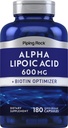 Piping Rock Alpha Lipoic Acid 600mg TEN 180 Capsules TEN Plus Biotin Optimizer TEN ALA Supplement TEN Non-GMO, Gluten Free