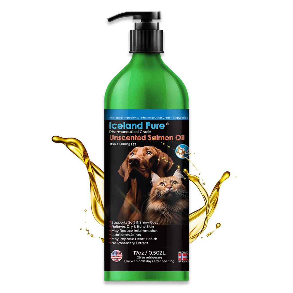 Islandia Puro Salmón Aceite TENIDO Grado Farmacéutico No centrado TEN 1118 mg de Omega-3 por cucharadita ANTERIENTE Suplemento Alimentario Líquido para Perros y Cats ANTERIOR BPA-Free Aluminio recubierto con bomba 17oz