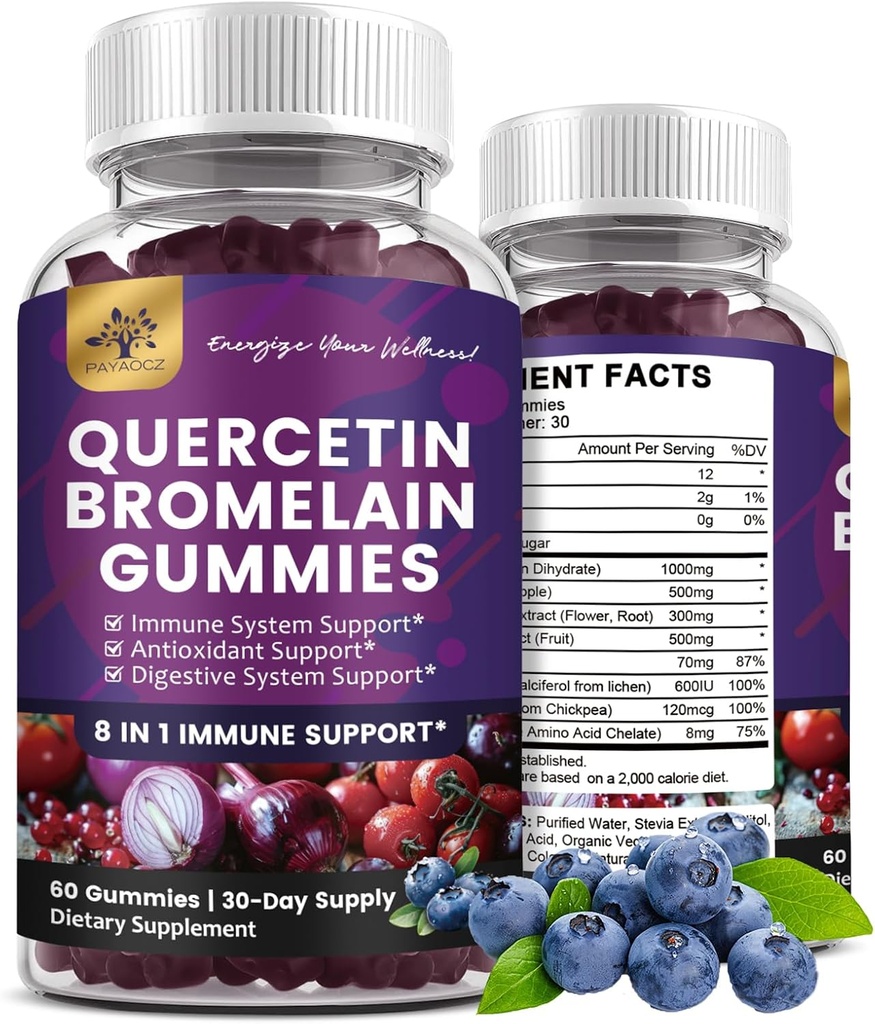 (2 Pack) Quercetin Gummies with Bromelain Zinc Elderberry Vitamin C D3 K2, Quercetin 1000mg Suplemento con Bromelain 500mg para Cardiovascular, Immune System & Allergy, Vegan Gummy para Adult & Kid