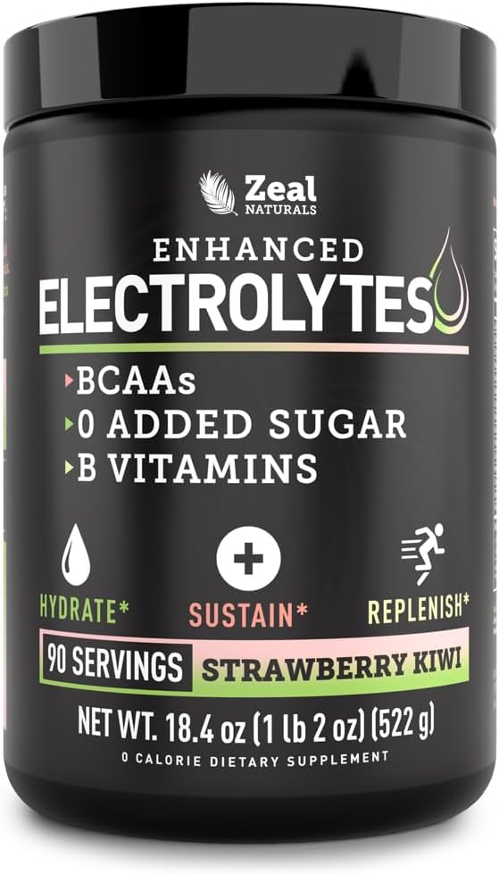 Enhanced Electrolyte Powder (Strawberry Kiwi tención 90ct.) w/ 0 Sugar +BCAAs +B-Vitamins Suplemento electrolito w Potasio Zinc & Magnesio para la hidratación - Keto Electrolitos