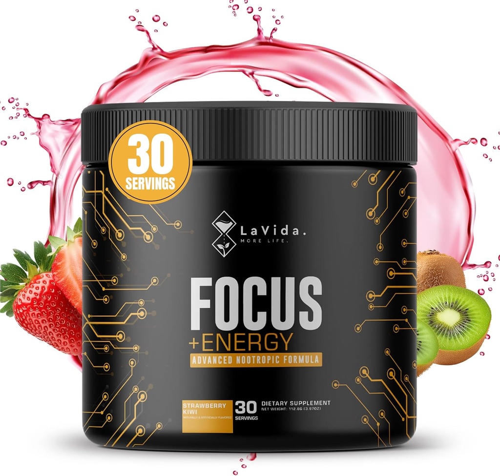 LAVIDA Focus +Energía TENIDO Pre-Workout de bajo nivel para profesionales con capacidad para adultos tóxicos Booster cerebral nootrópico con caffeine de 140 mg, Zero Jitters, Energía libre de azúcar, energía natural y claridad mental