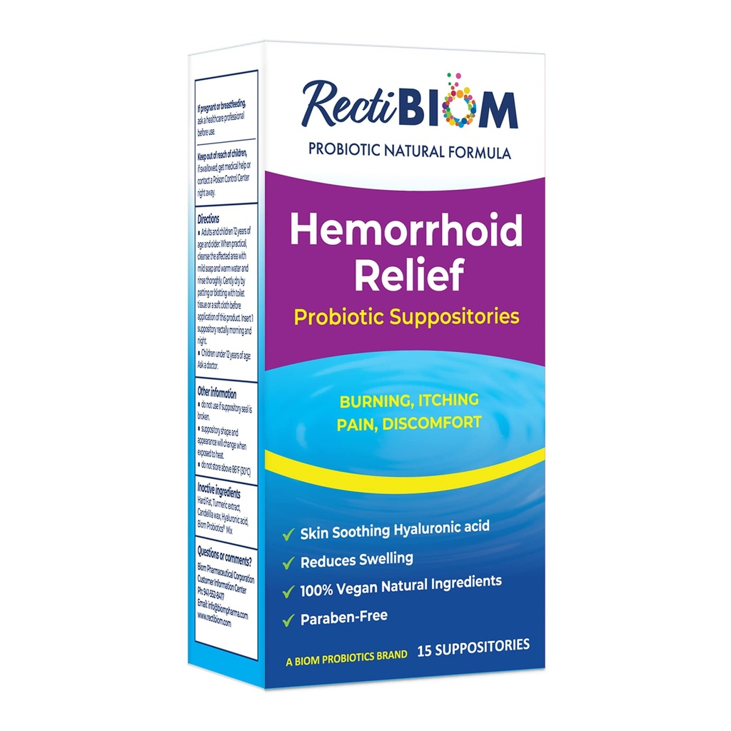 RectiBiom Probiotic Hemorrhoid Relief Suppositories with Skin Soothing Natural Ingredients, Fast Relief. Ácido Hialurónico y Extracto Turmérico, Fórmula Vegan, Libre de Gluten