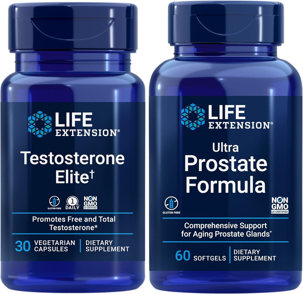 Extensión de vida Elite de testosterona, 30 cápsulas vegetarianas ← Fórmula ultra próstata, 60 softgels ← Prostat sana, Apoyo de producción de testosterona, Suplementos para hombres