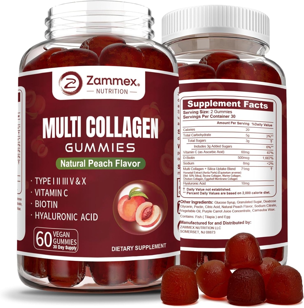 Zammex Multi Collagen Peptides Gummies (Type 1, 2, 3, 5 & 10), 30 Servings, Anti-Aging Collagen Gummy Supplements for Women Pulmen with Biotin Vitamin C, Hyaluronic Acid, Peach Flavor