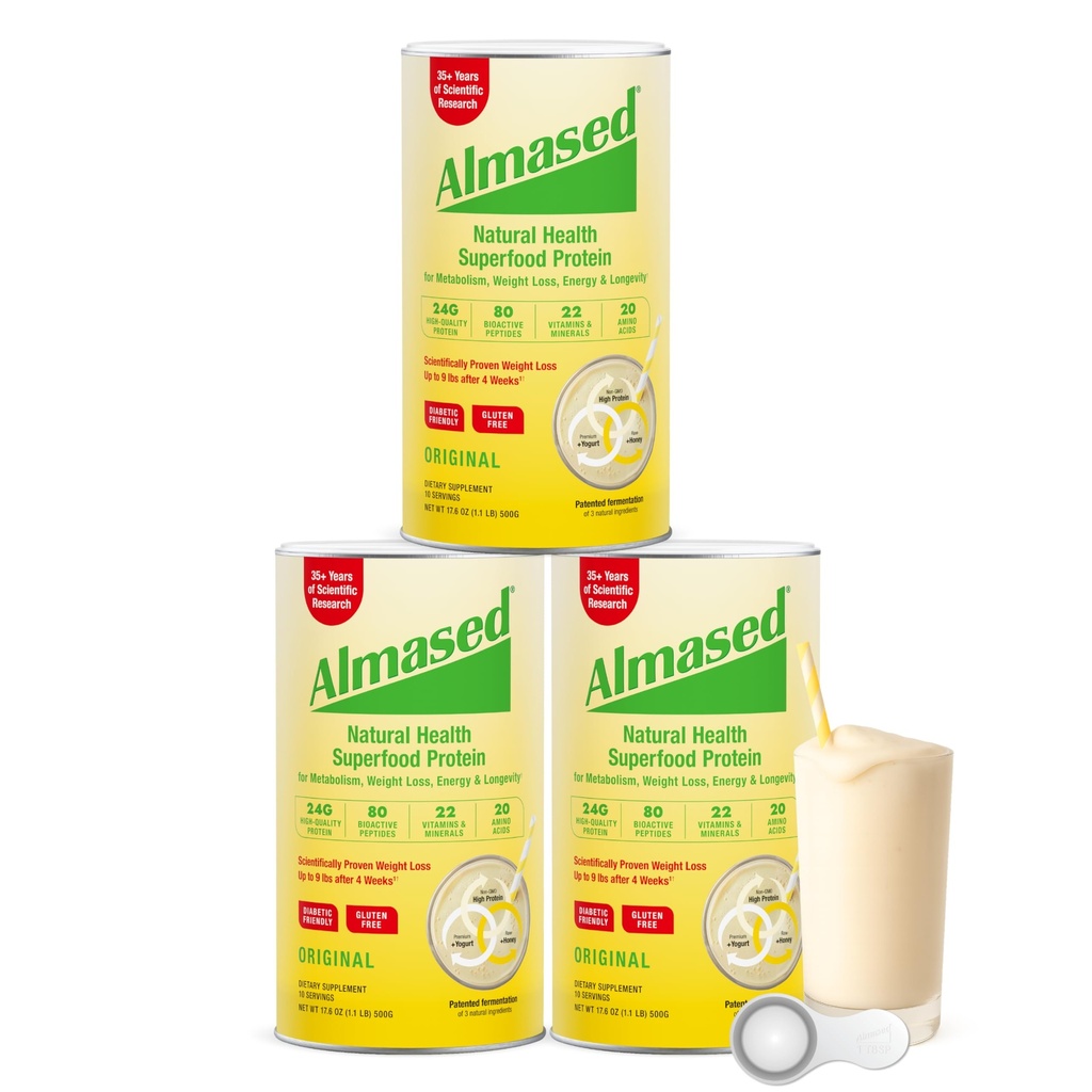 Almased Protein Powder for Weight Loss Kit for Men & Women, Natural Meal Replacement Shake for Weight Loss, Supplement, 27 Grams of Protein Per Serving (Original Flavor, 3 Cans @ 17.6 oz ea + Scoop)