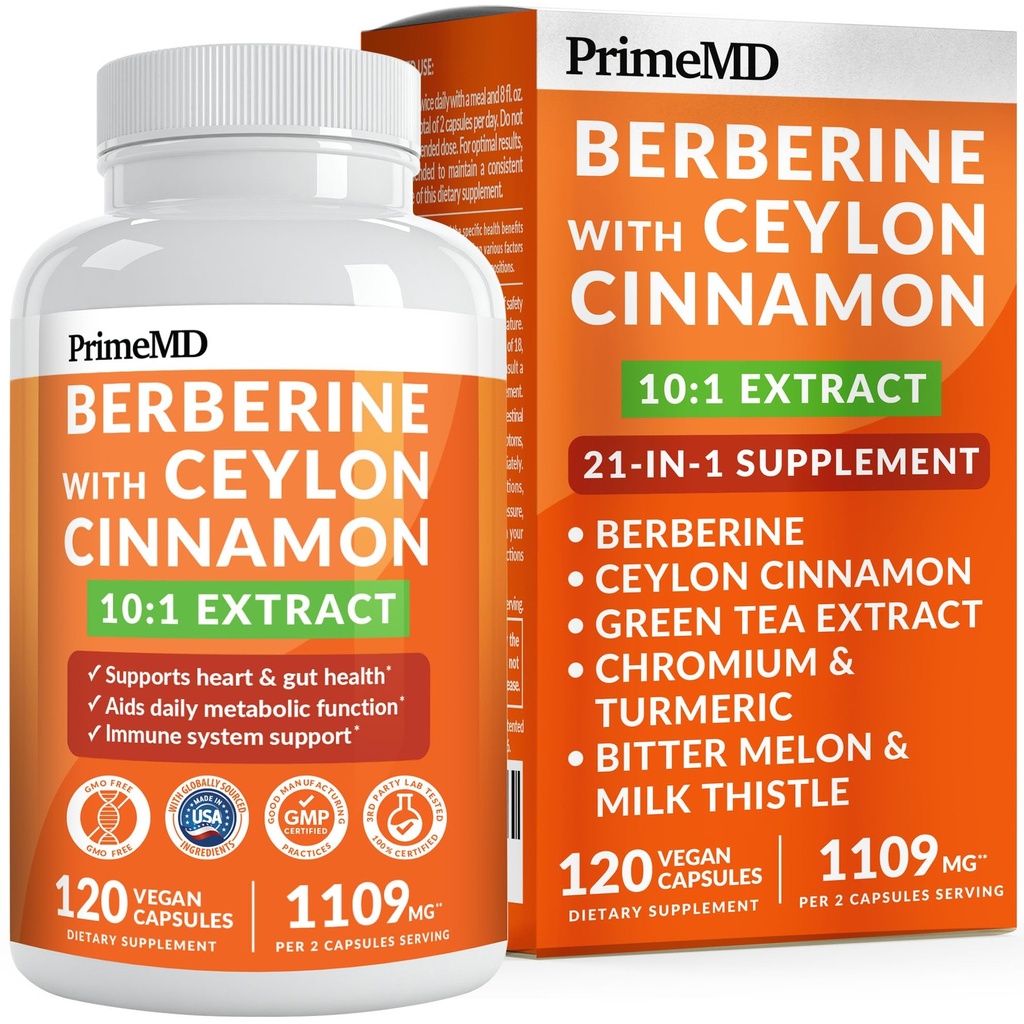 21-in-1 Suplemento de bereberina con canela de Ceylán con cromo, melón de bitter y té verde y extracto de pimiento negro 5X para energía y metabolismo Apoyo con 5279 mg (120 ct, paquete de 1)