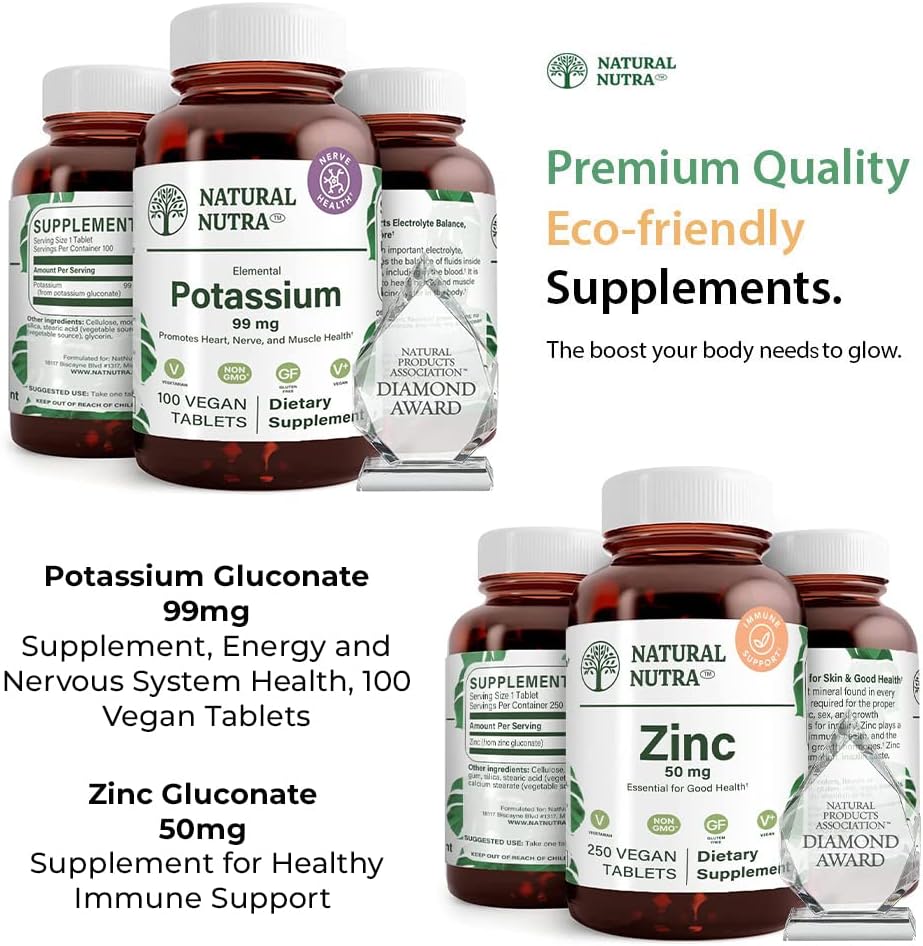 Natural Nutra Potassium Gluconate 99 mg y Zinc Gluconate 50 mg Suplementos Ayuda a mantener el nivel de inmunidad y energía, Gluten Free, Essential for Good Health.