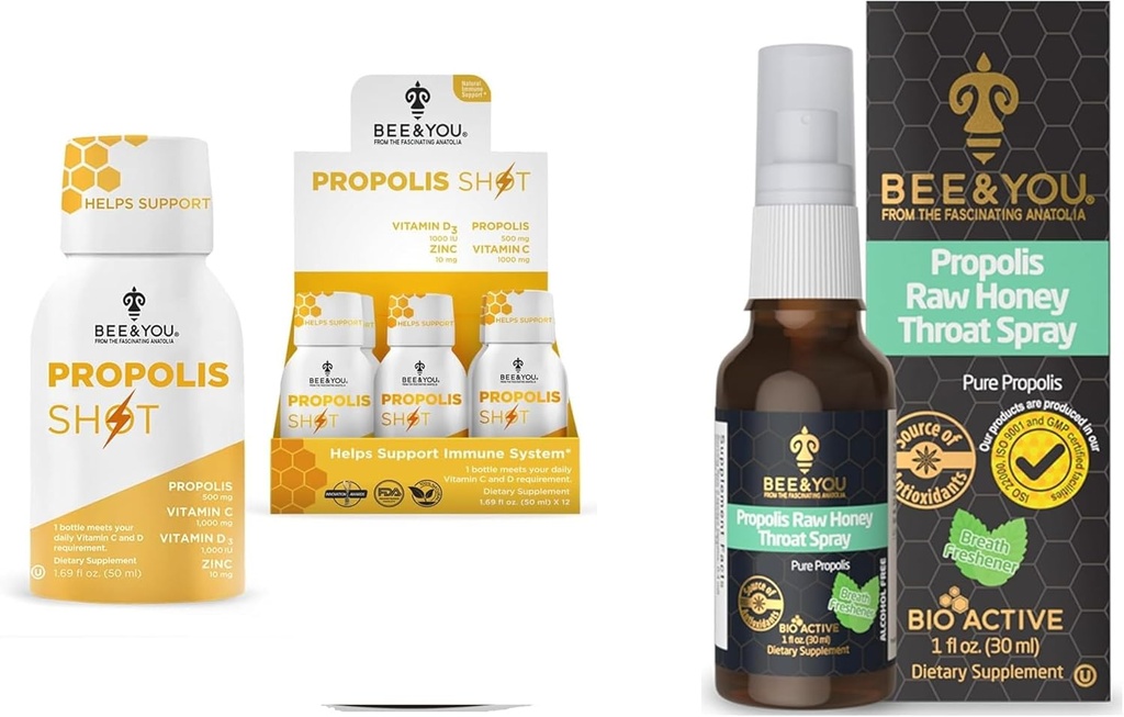 BEE y You Bundle: Propolis Shot with Vitamin C, D3 and Zinc with Propolis Raw Honey Throat Spray, Ultra Pure, 100% Natural, Immune Support, Superfood