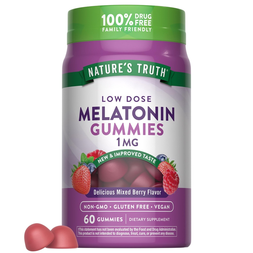 La verdad de la naturaleza Melatonin Gummies  1mg ← 60 Conde ← Cherry Pomegranate Flavor ← Vegan, Non-Gluten Free Supplement
