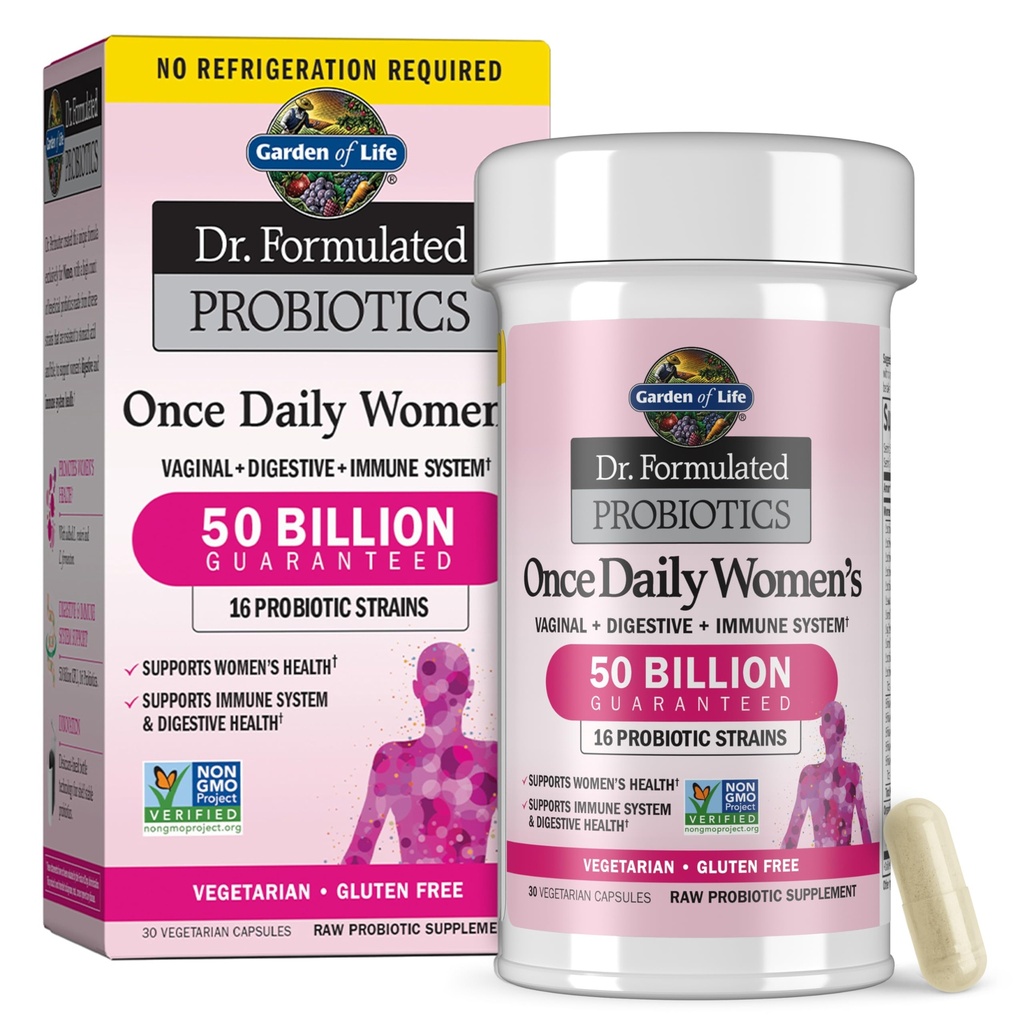 Jardín de la vida Una vez Daily Dr. Formulated Probiotics for Women 50 Billion CFU 16 Probiotic Strains with Organic Prebiotics for Digestive, Vaginal & Immune Health, Dairy Free, Shelf Stable 30 Capsules
