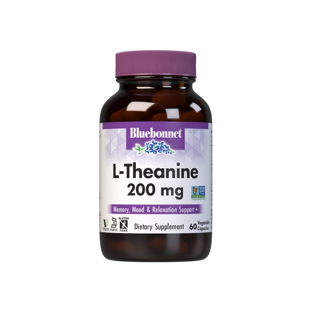 Bluebonnet Nutrition L-Theanine 200mg, Free-Form Amino Acid, Promotes Relaxation*, Soy-Free, Gluten-Free, Non-GMO, Kosher Certified, Vegan, 60 Vegetable Capsules, 60 Servidores