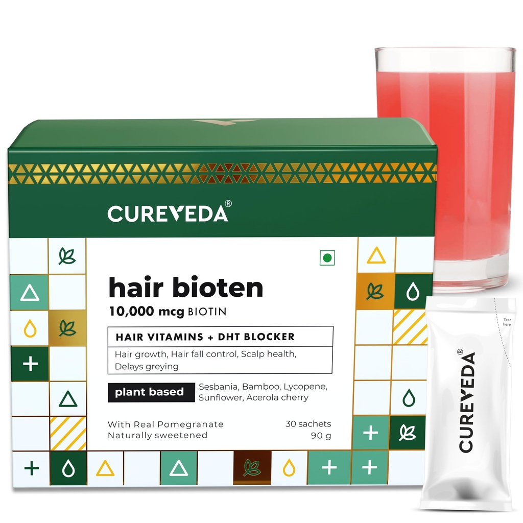 Cureveda Curveda Grow Plant Based Biotin 10000 Mcg Powder Suplemento para Unisex, Beneficios Saneamiento Saludable y Crecimiento del Cabello, No Añadido Sugar, Natural Pomegranate Flavour 150 g (Pack of 1) Crecimiento-1