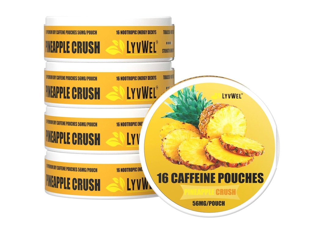 LyvWel 56mg Caffeine Energy Pouches – Pineapple – Clean Energy & Focus Boost with Guarana – 5-Pack with 16 Pouches Per Can (80 Total)