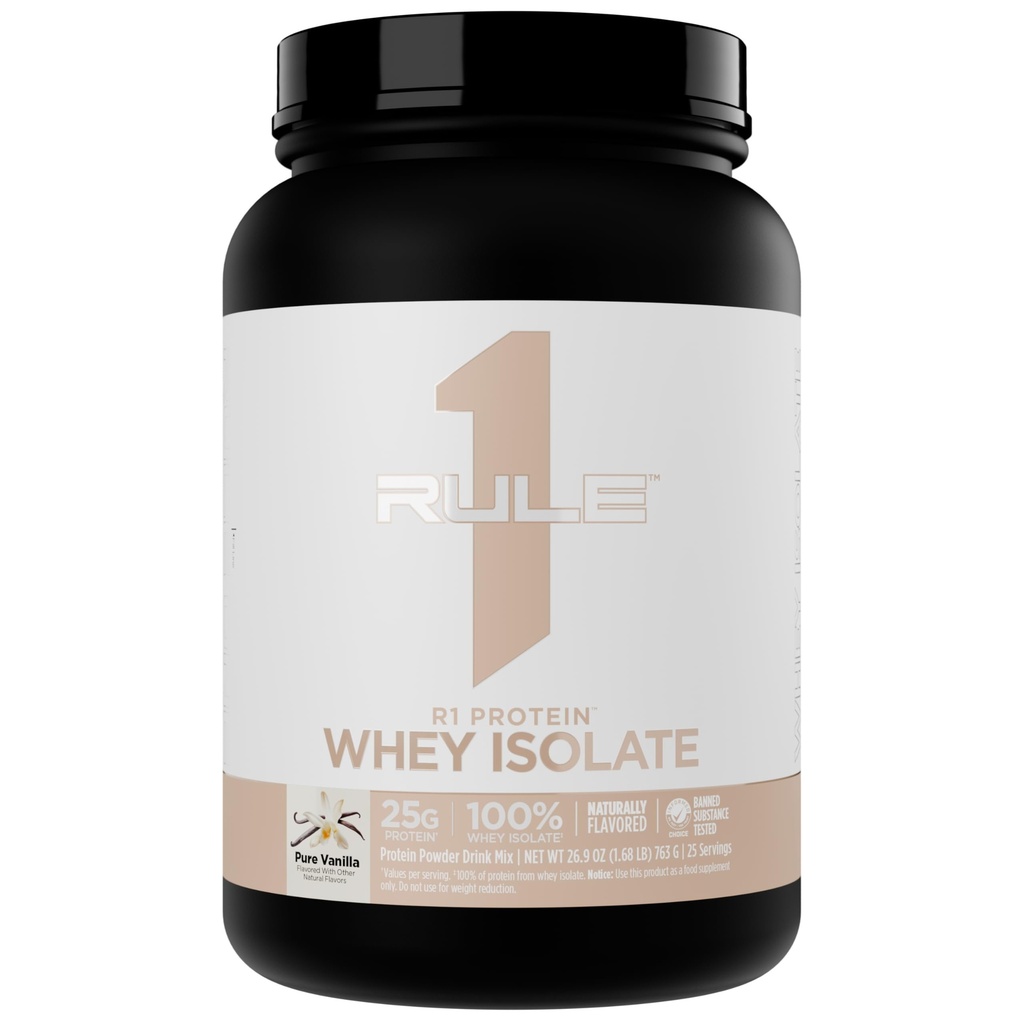 Regla 1 Naturalmente Flavored R1 Protein Whey Isolate - Fórmula limpia con 25g Protein &amp; 6g BCAA Fuentes exclusivamente aisladas " hidrolizadas para la recuperación de entrenamiento (1.7 libras*, Vainilla pura)