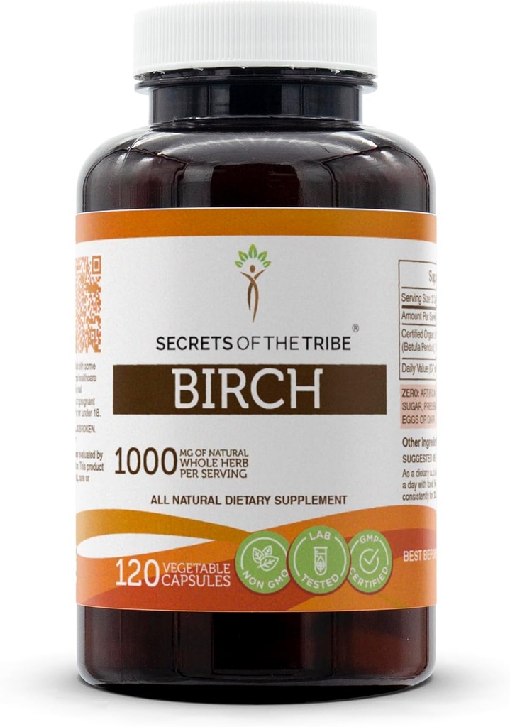 Secretos de la Tribe Birch 120 cápsulas, 1000 mg, Birch (Betula Pendula) Hoja seca (120 cápsulas)