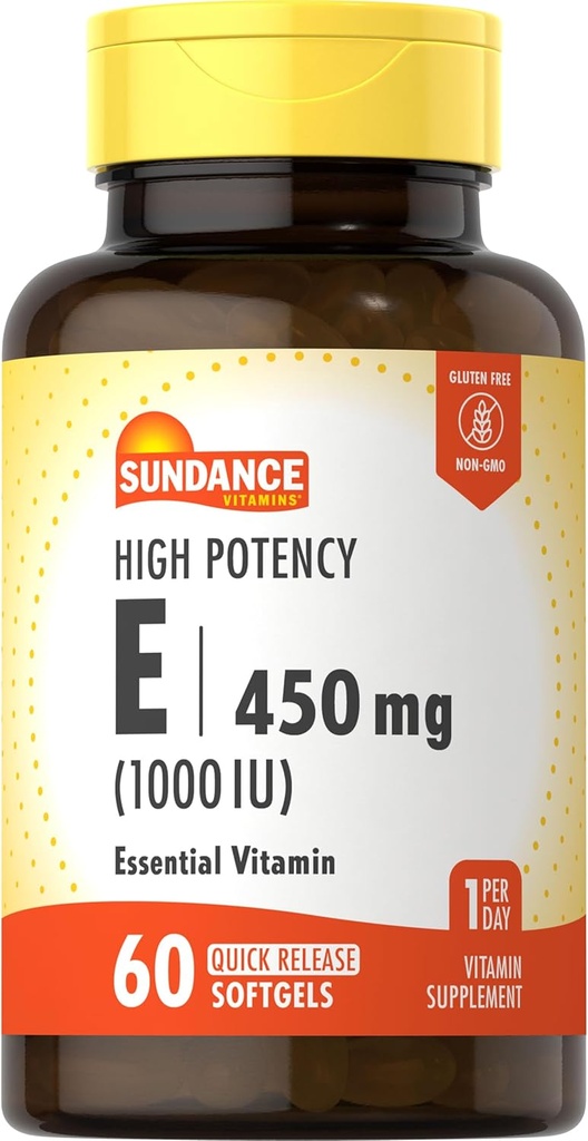 Sundance High Potency Vitamin E ANTE 450mg (1000 UI) TENIDO 60 Softgels TENIEN Essential Vitamin Supplement TEN Non-GMO and Gluten Free Formula