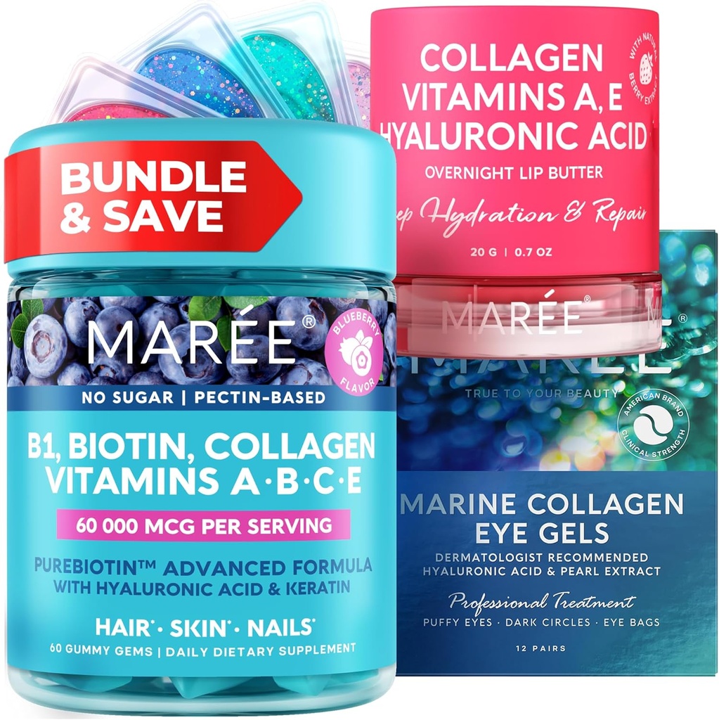MAREE Bundle - Vitamina B1 Thiamine Gummies, Lip Mask, Under Eye Gels - A, E, D, C Vitaminas - Colagen & Hyaluronic Acid - Complejo para la piel, uñas, cabello - Máscara para los labios secos - Gels for Puffy Eyes