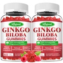 2 Pack Ginkgo Biloba Gummies con Panax Ginseng y Magnesium, Ginkgo Biloba Suplementos para Focus, Memory y Brain Health para Adultos &amp; Niños, Vegan Raspberry Flavor Gummies, 120 Condes